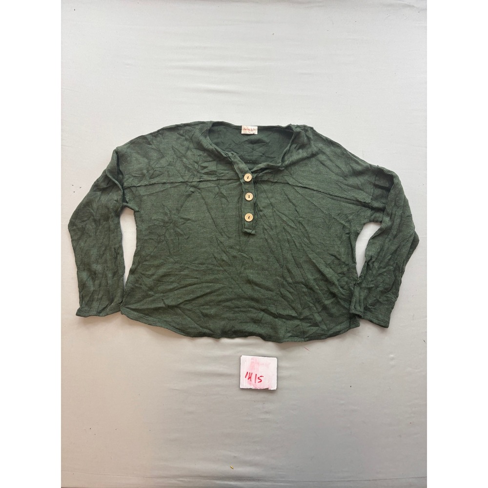 Hailey & Co Olive Green Thermal Knit Henley Top Long Sleeve Boxy Fit Medium